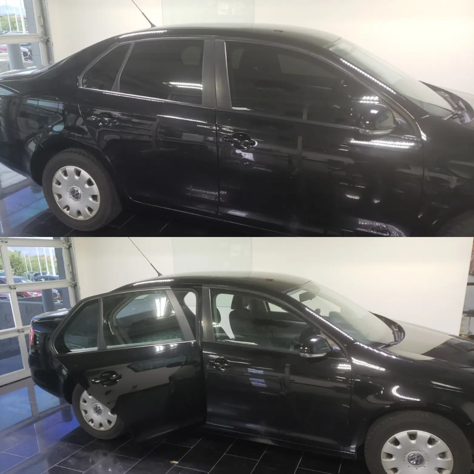 Black sedan shown side by side before and after window tint