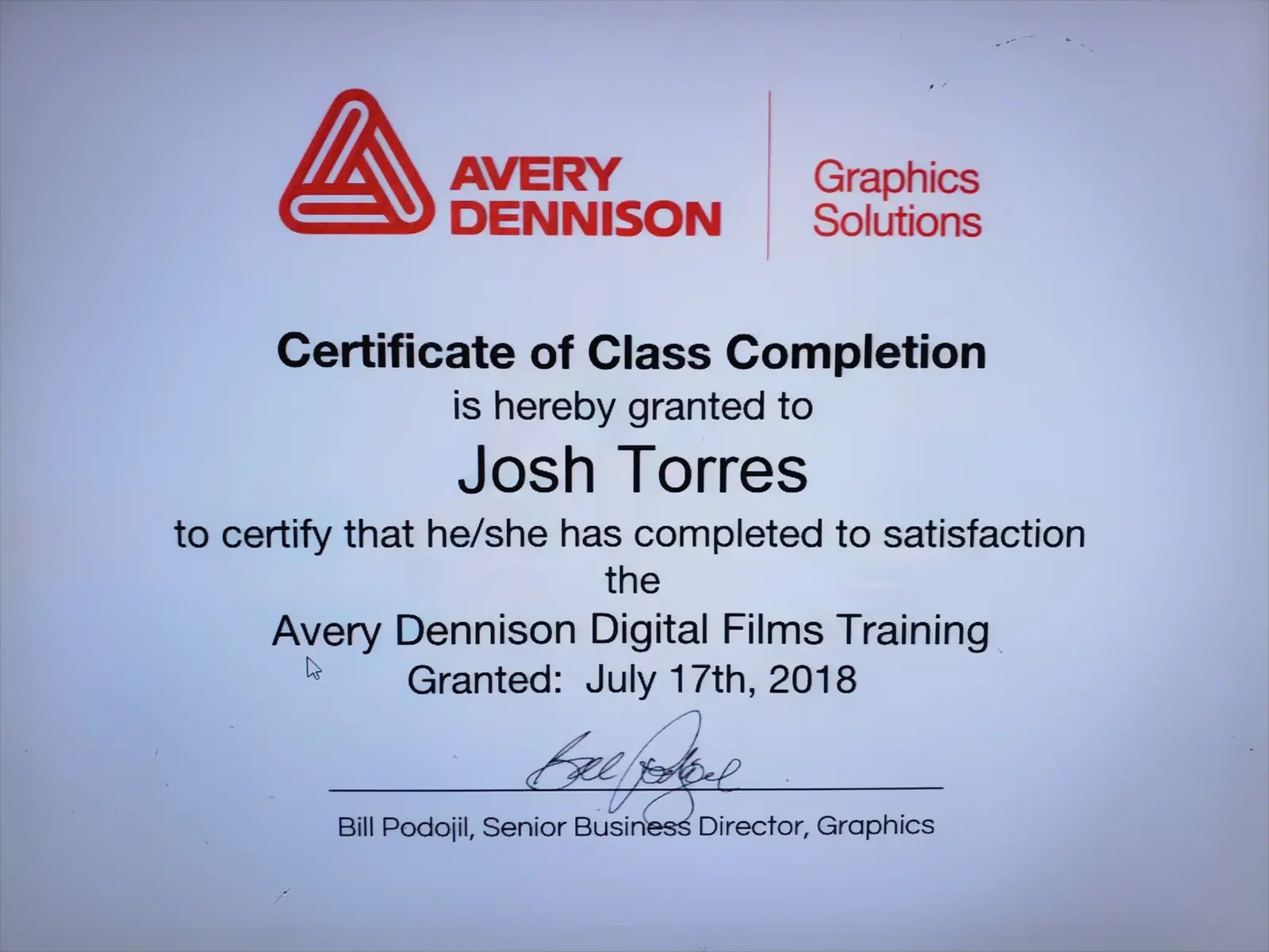 Avery Dennison digital films training certificate awarded to Josh Torres