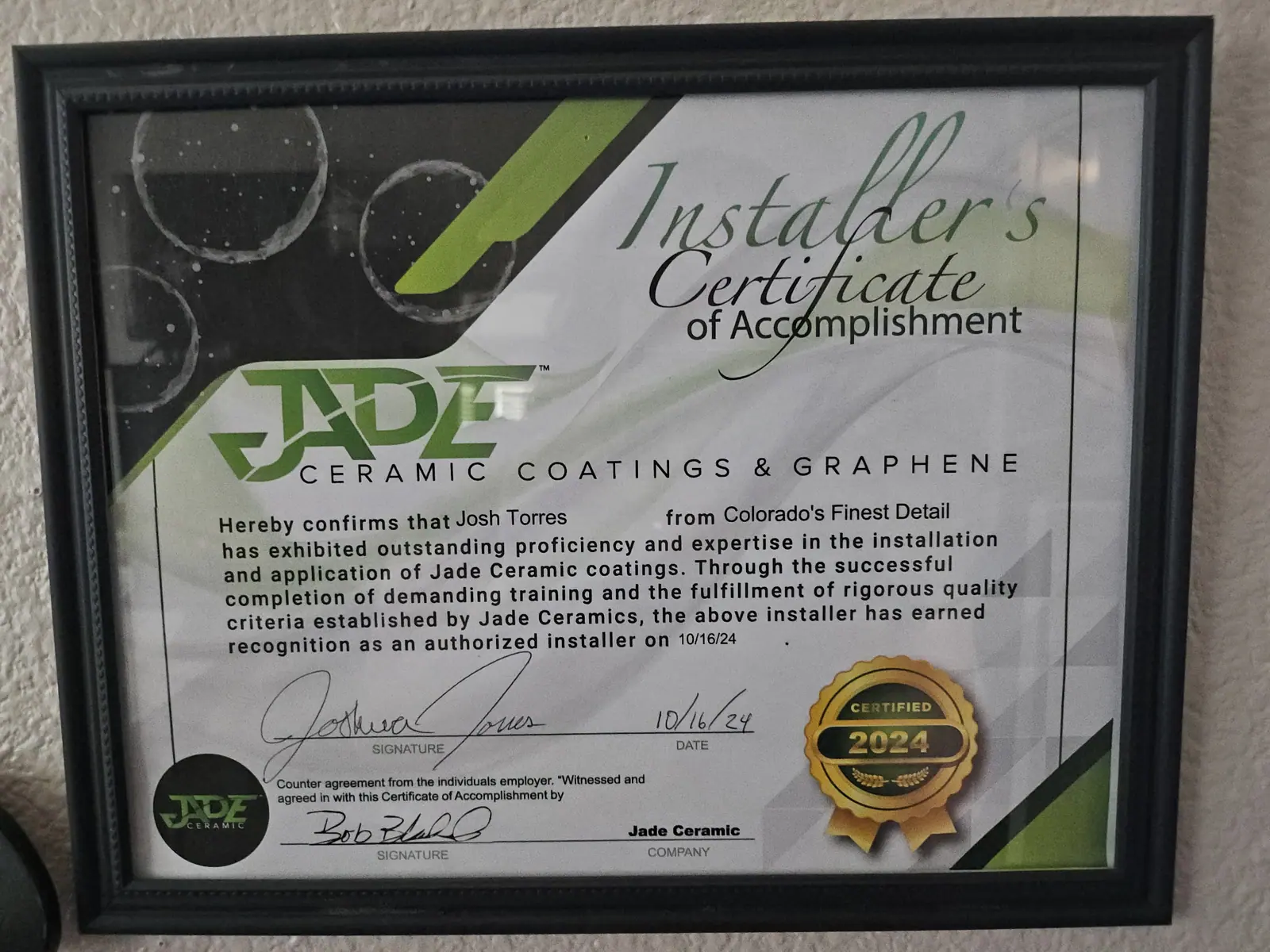 Jade Ceramic Coatings installer certificate awarded to Josh Torres, 2024