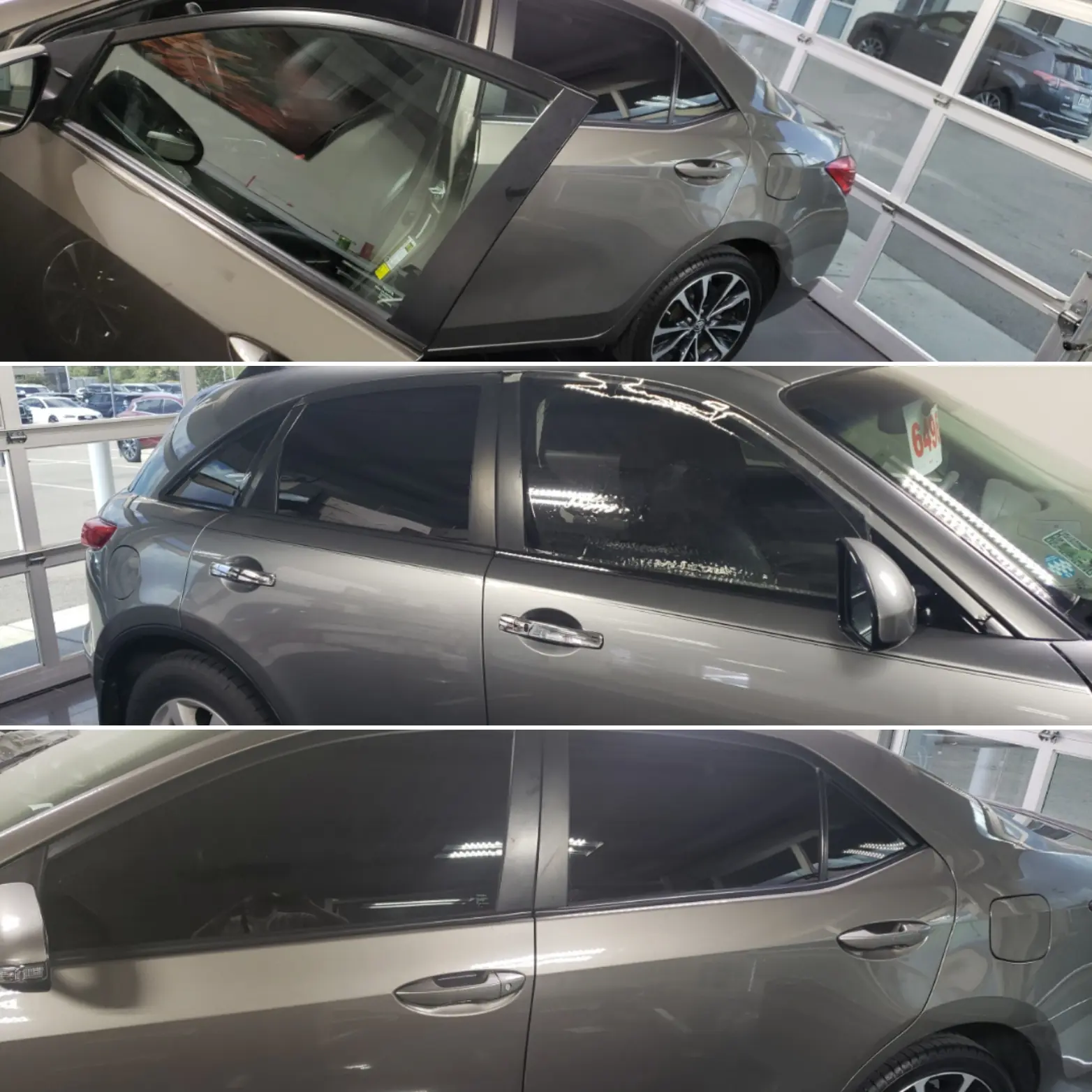 Grey sedan during a window tint installation in the shop