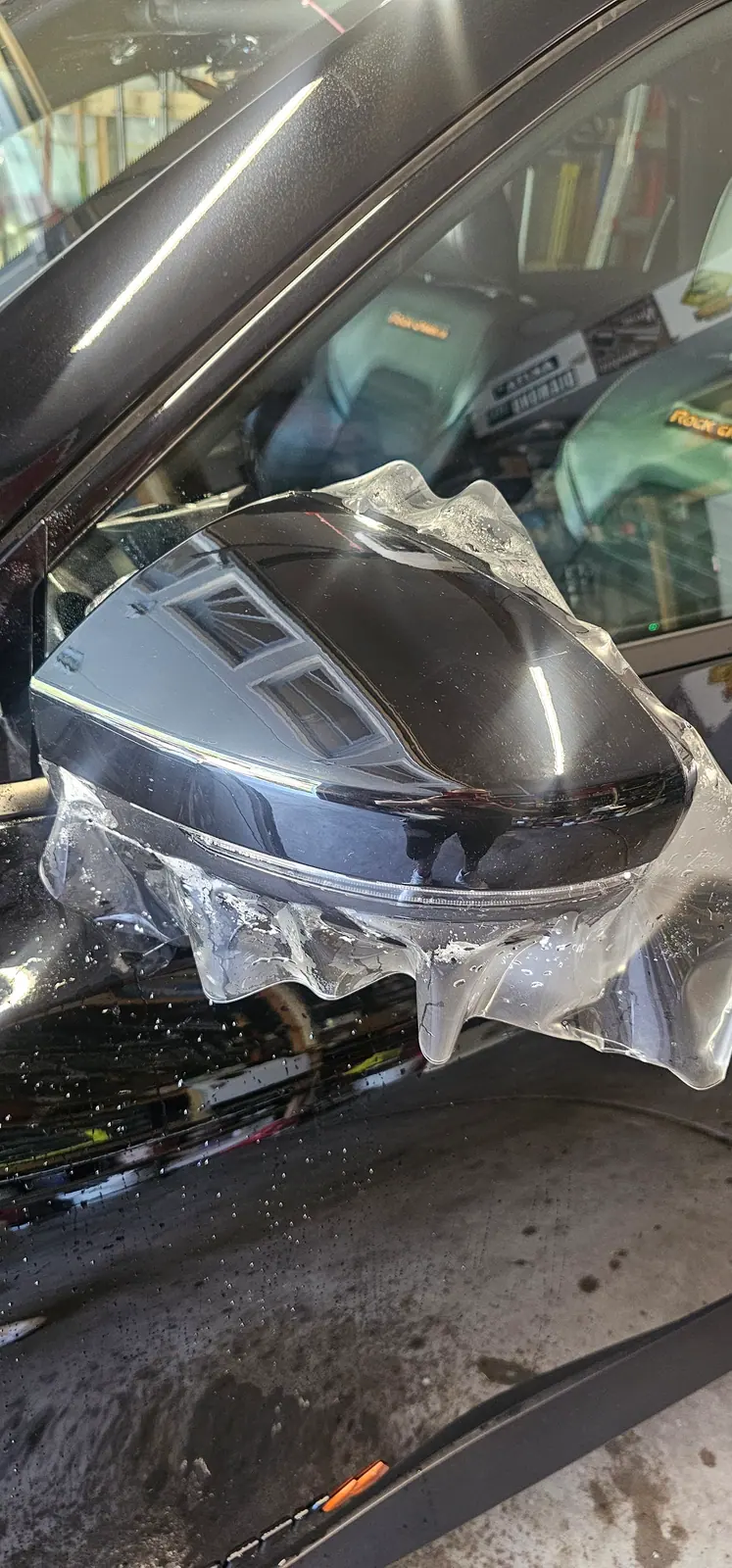 Mirror caps wrapped in protective film